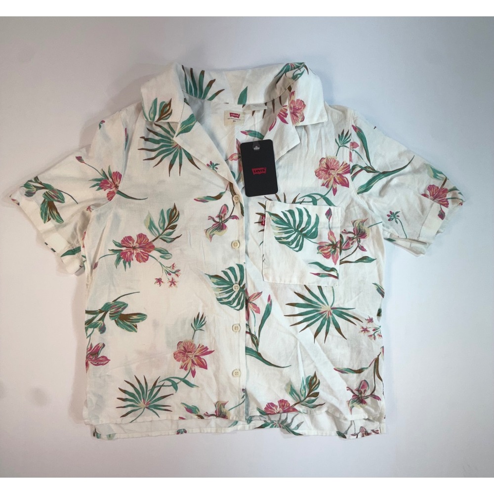 Levis Womens Tropical Floral Button Down Shirt Short Sleeve White XS New